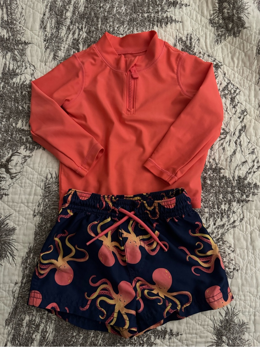 Carter's Coral Long-Sleeve Rashguard with Navy Octopus Swim Shorts